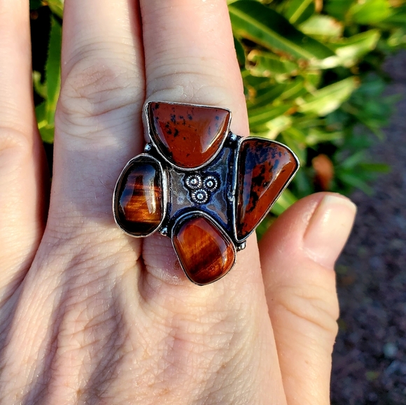 New Tiger Eye & Mahogany Obsidian 925 Silver Ring. - Picture 15 of 15